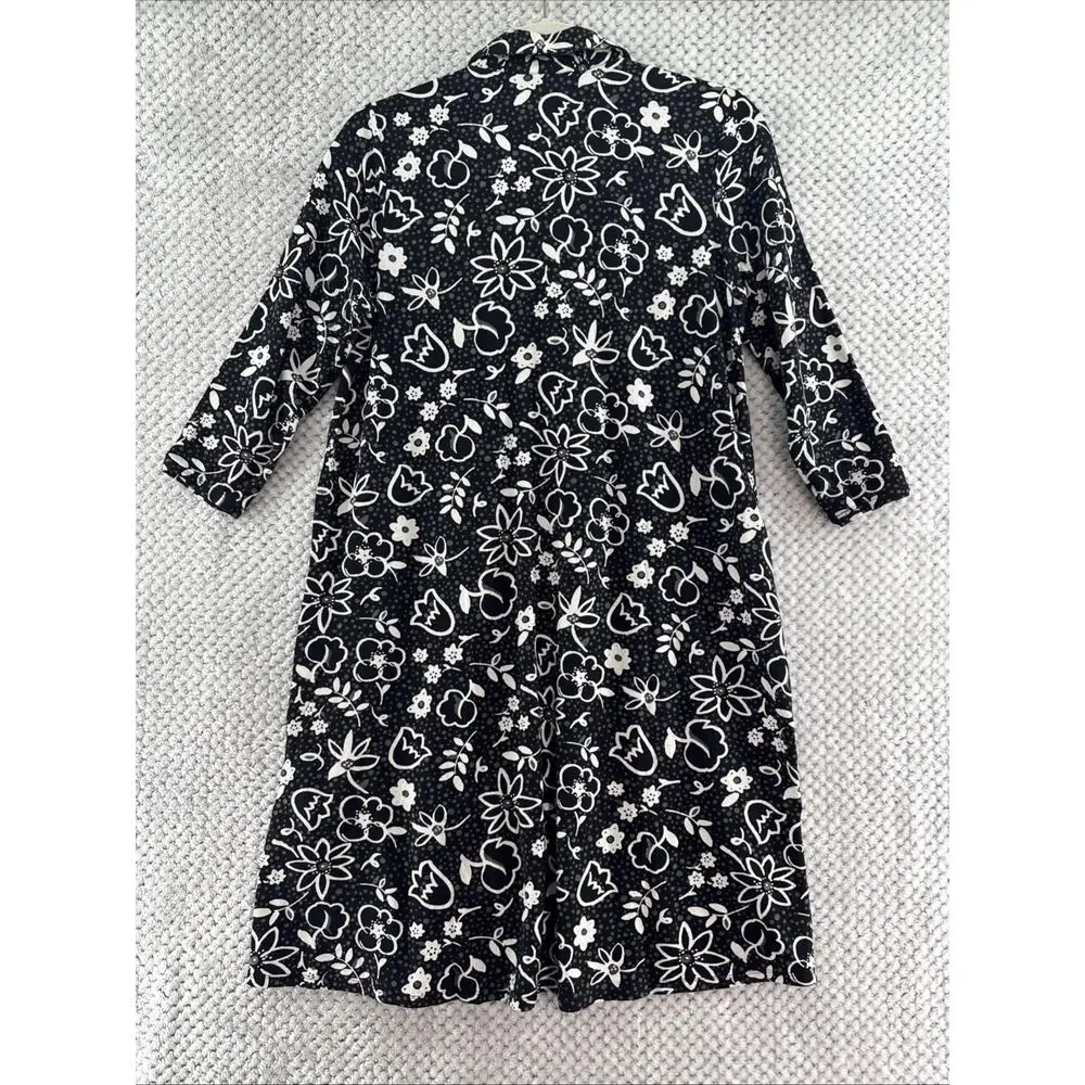 J Jill Button Front Shirt Dress Women S Black White Floral Jersey Stretch Pocket